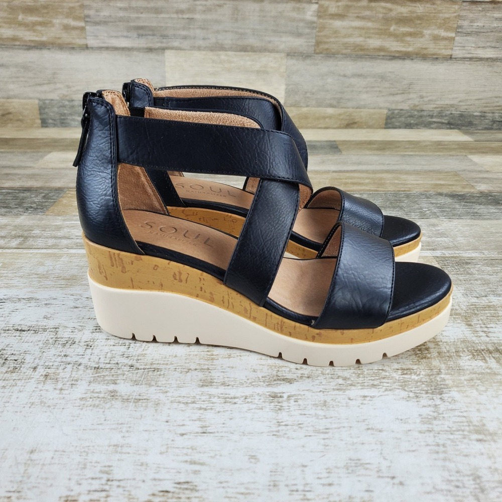 Soul Naturalizer Good Times Womens Wedge Sandals Sz 6 W Black Leather Back Zip
